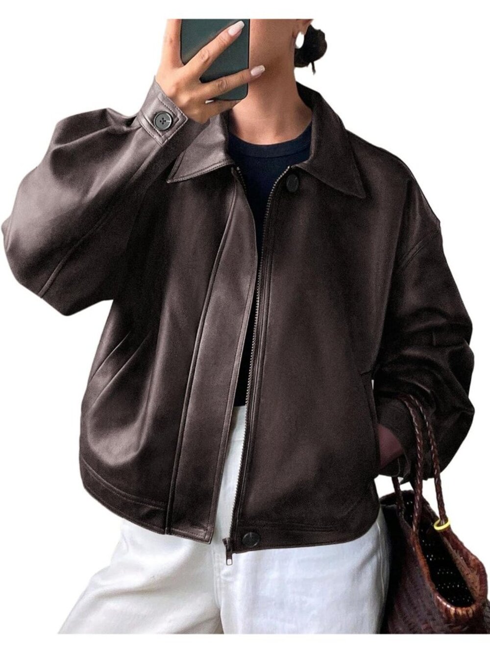 Women's Coffee Faux Leather Oversized Fall ZIP Up Casual Coat Motorcycle Jacket